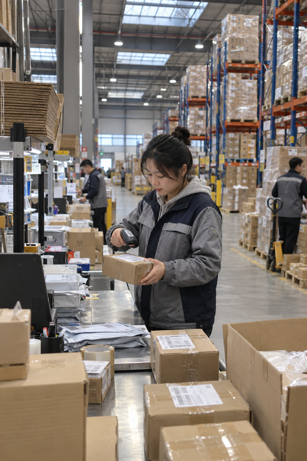 A warehouse operator scans a carton at a packing station beside pallet racking.