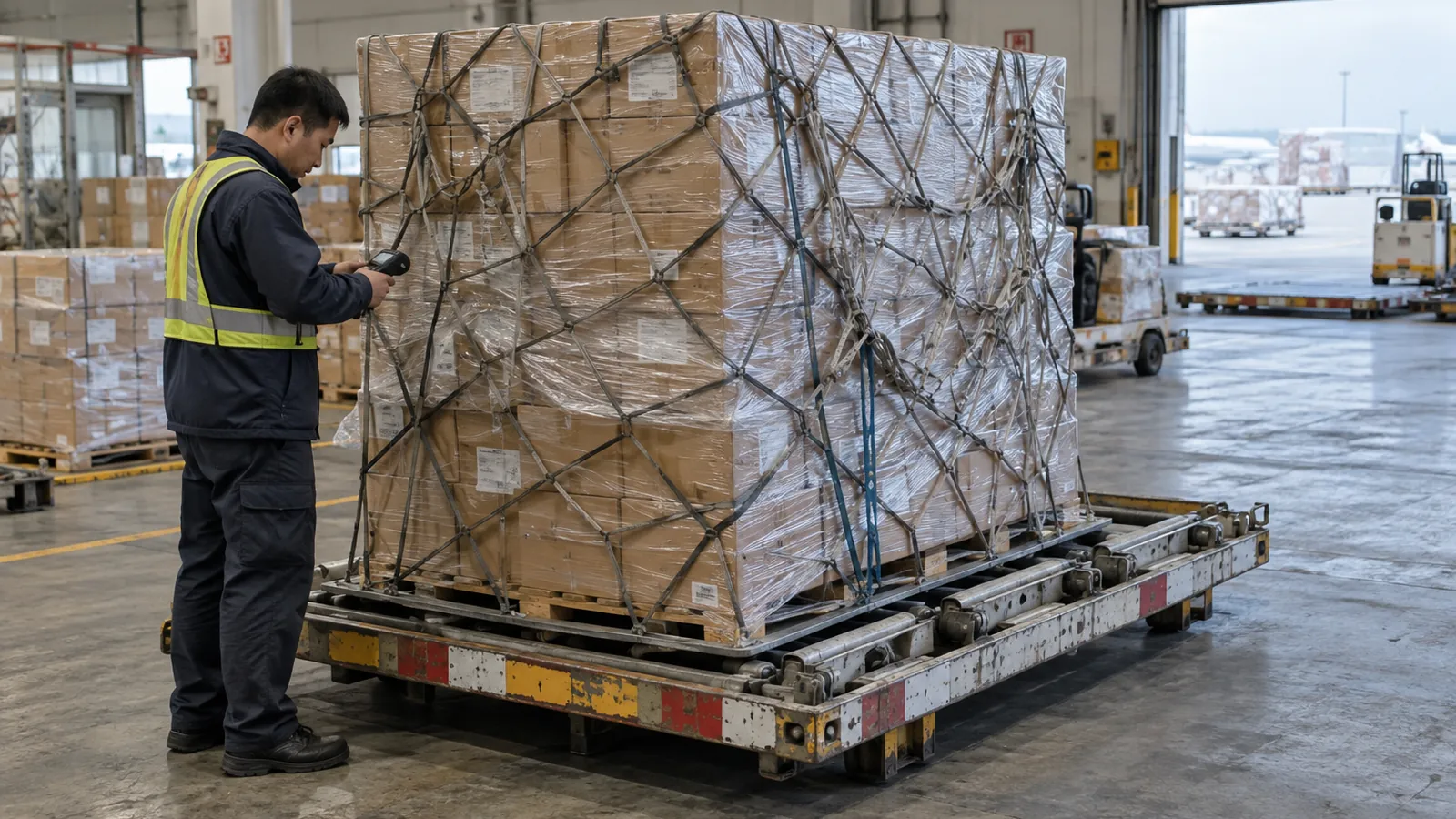An operator checks a netted pallet of cartons in an air cargo handling bay.