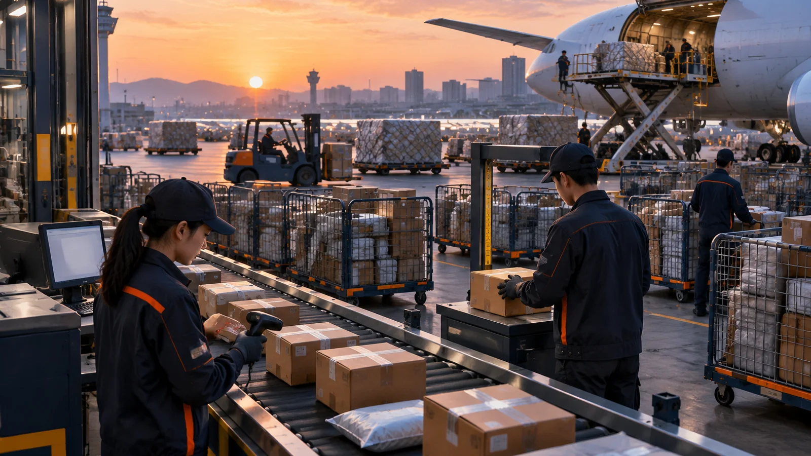 Prepared ecommerce parcels moving from a China fulfillment station to an air cargo handoff