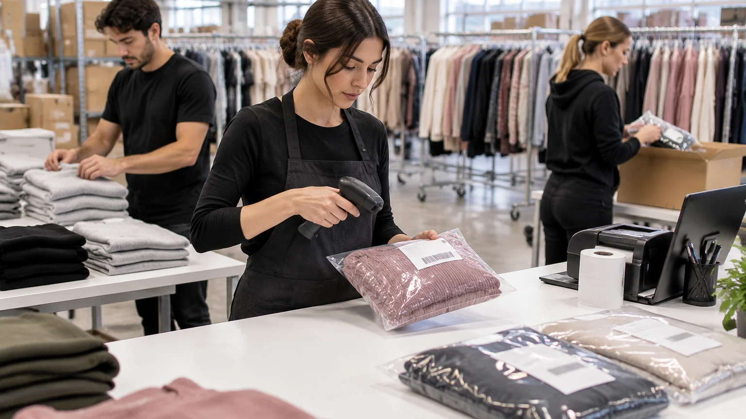 Control style-size-color identity, garment labeling, packing samples and return decisions in a China-origin apparel fulfillment workflow
