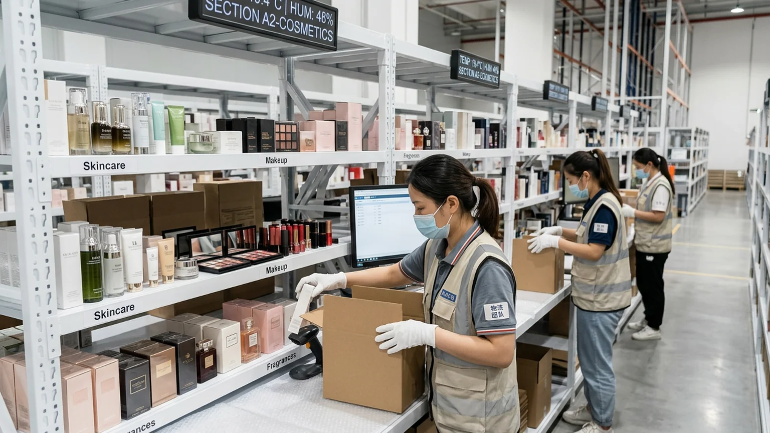 Temperature-controlled cosmetics fulfillment area with organized beauty products