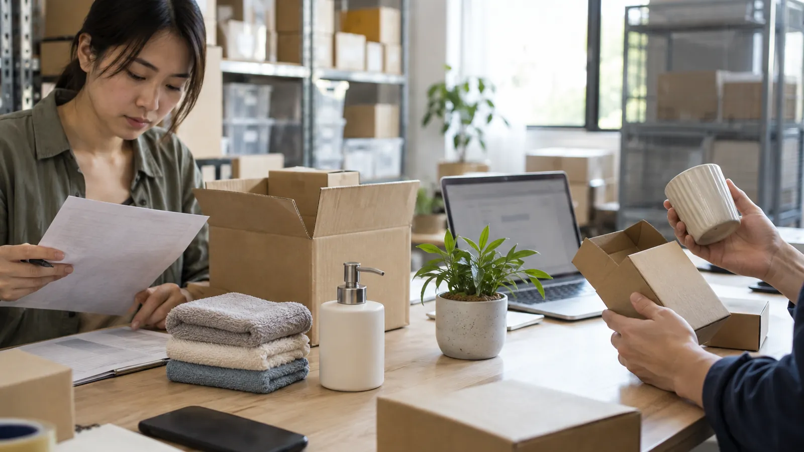 An ecommerce team reviews order paperwork and household products beside warehouse shelves.