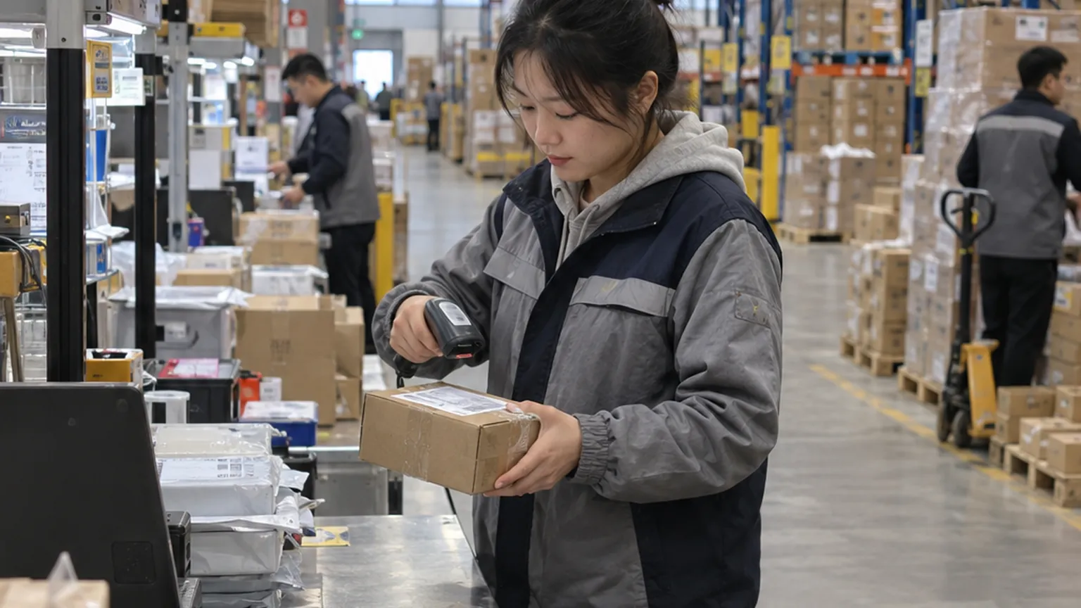 A warehouse worker scans a parcel beside shelves of boxed inventory.