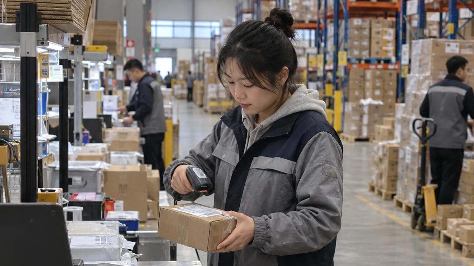 A warehouse operator scans a carton at a packing station beside pallet racking.
