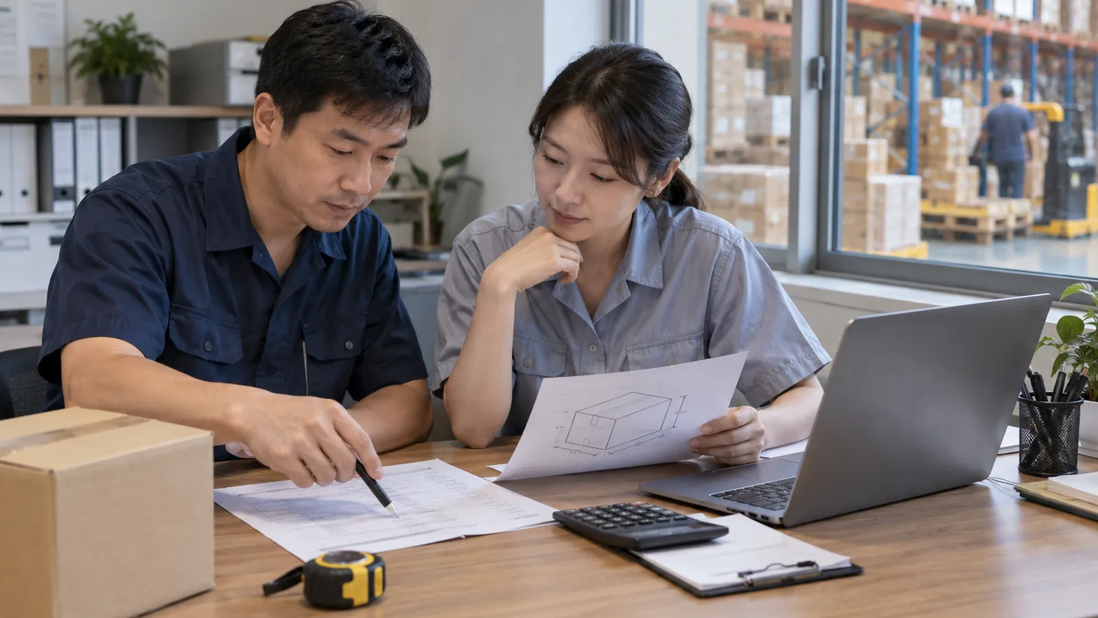 Two logistics colleagues review packing documents and carton dimensions in a daylight office.