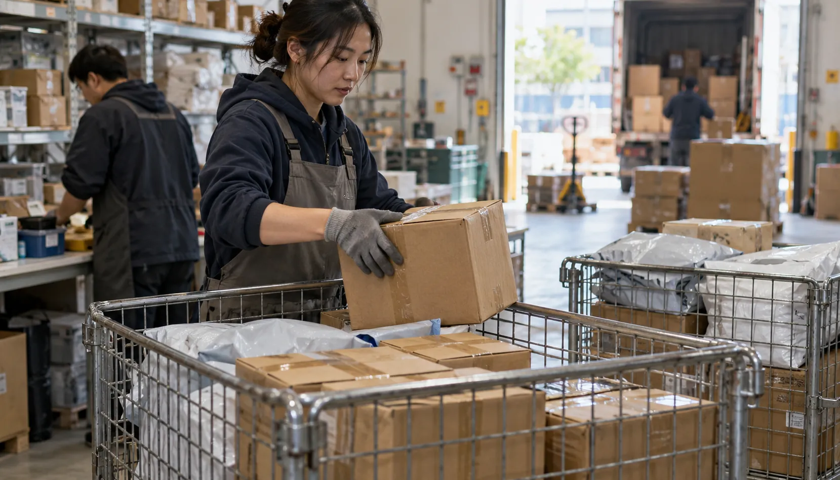 A warehouse worker sorts cartons and mailing bags into dispatch cages in daylight.