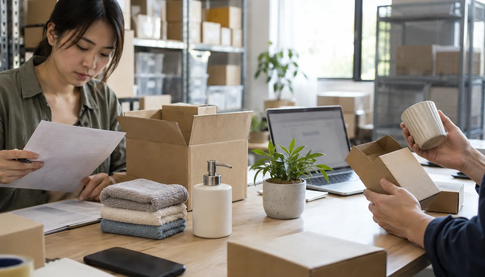 Staff review an order sheet and a product beside cartons and a laptop.