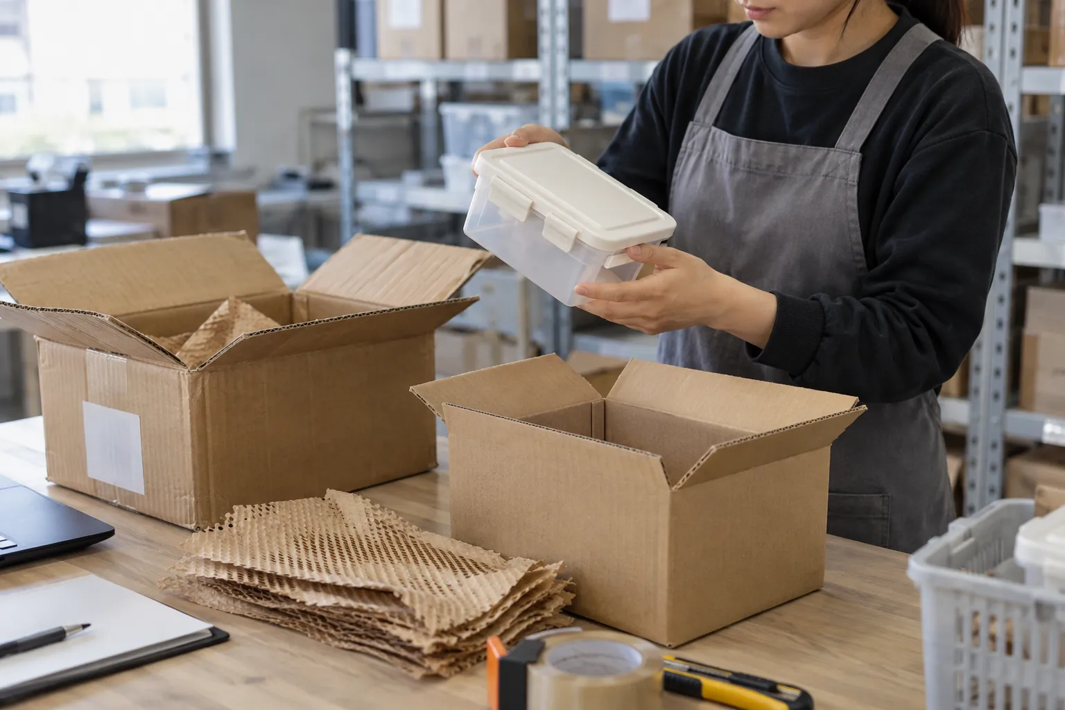 A warehouse worker checks a returned storage container before repacking it.