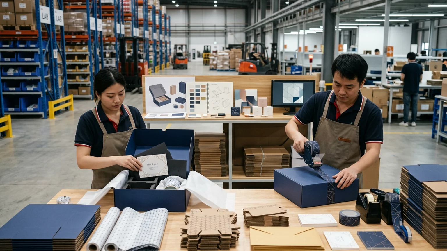 Custom packaging assembly station with branded boxes, tissue paper and inserts