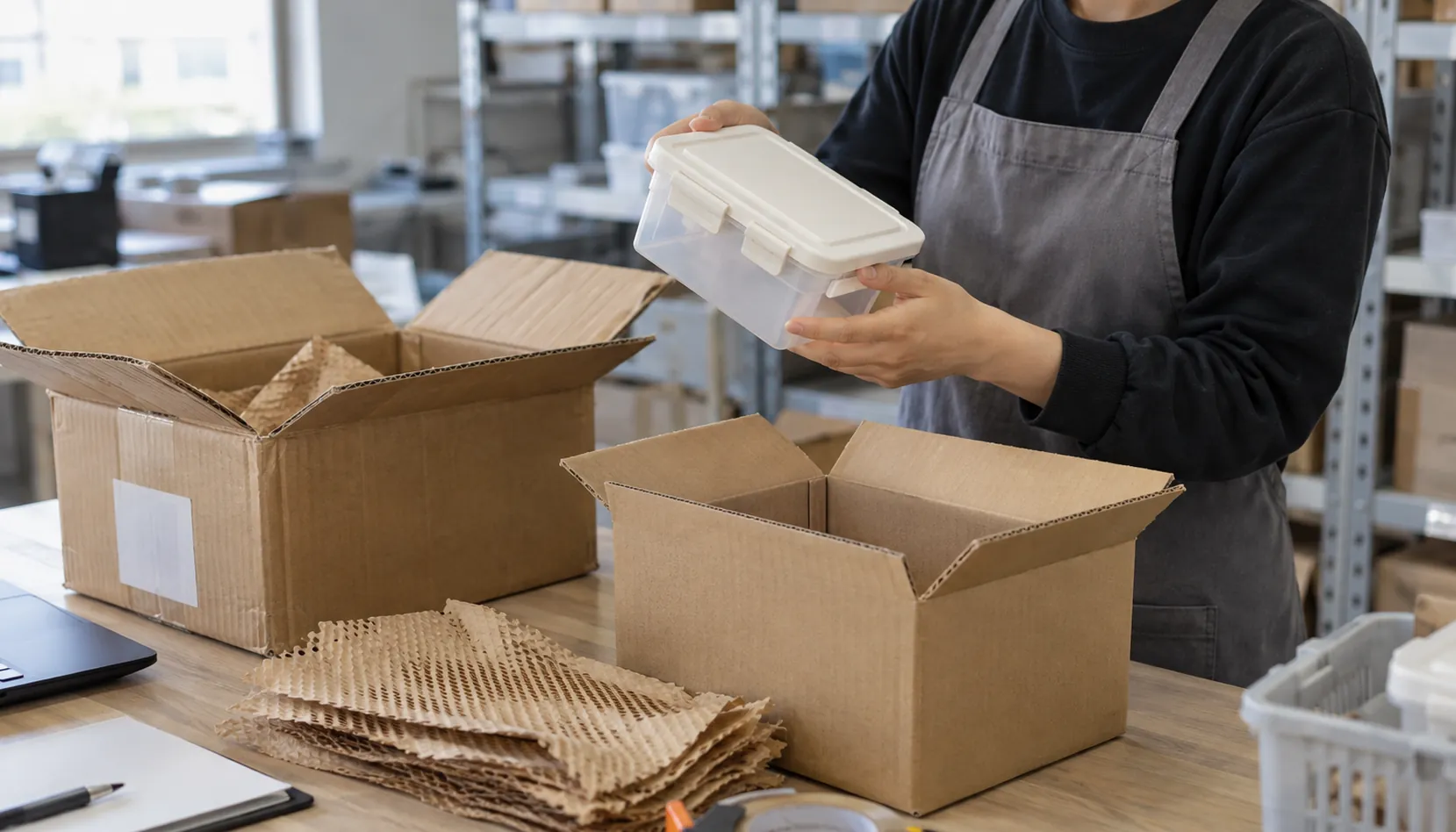 A warehouse worker checks a returned storage container before repacking it.