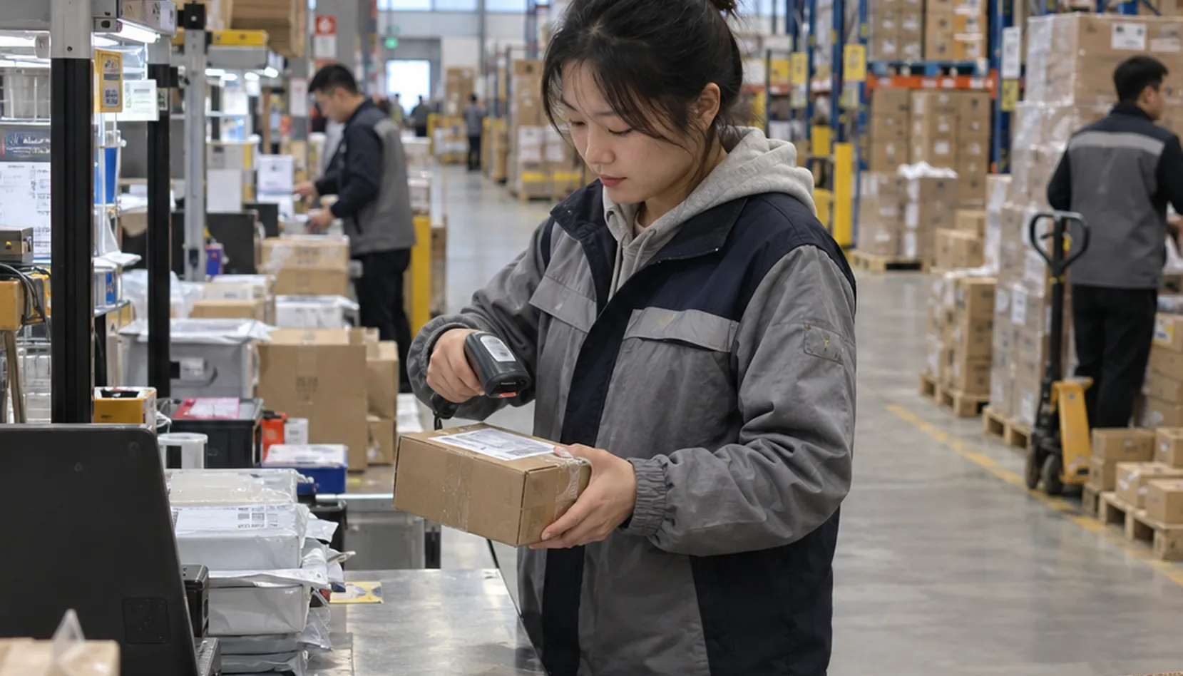 A warehouse worker scans a parcel beside shelves of boxed inventory.
