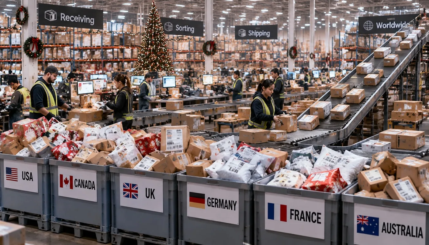 Q4 peak season fulfillment staging area with parcels prepared for international small-parcel shipping