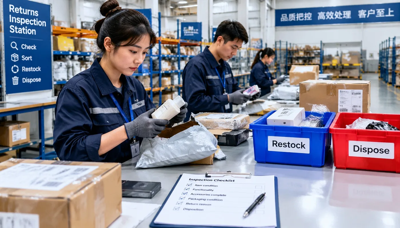 Returned parcels inspected at a China fulfillment center for restocking or disposal decision
