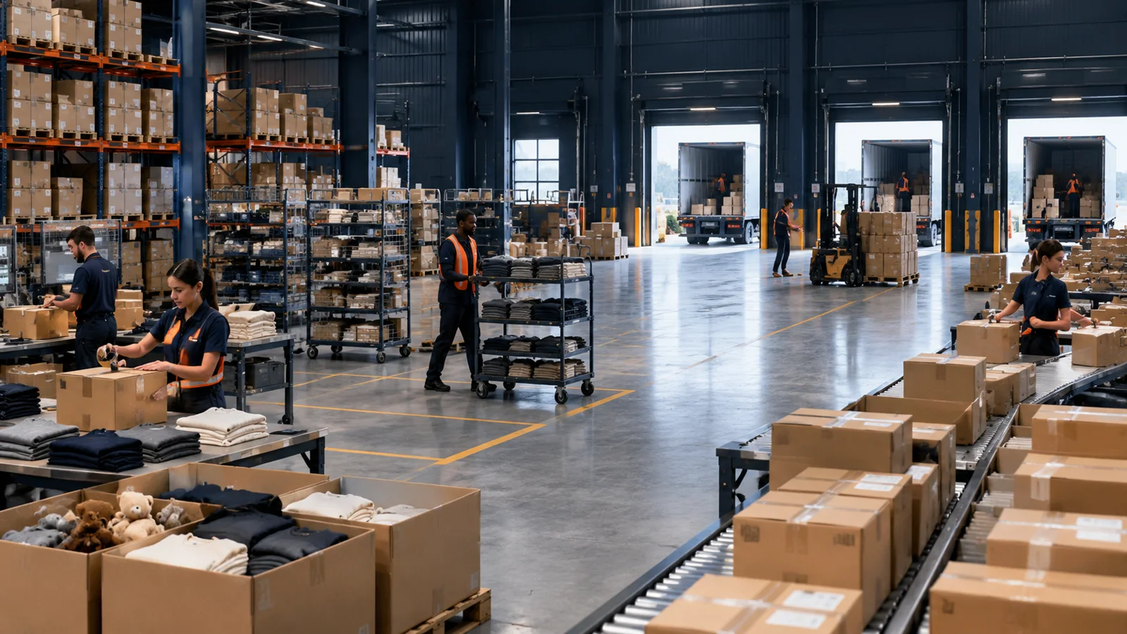 Ecommerce warehouse operation connecting receiving, storage, order processing, packing, and dispatch