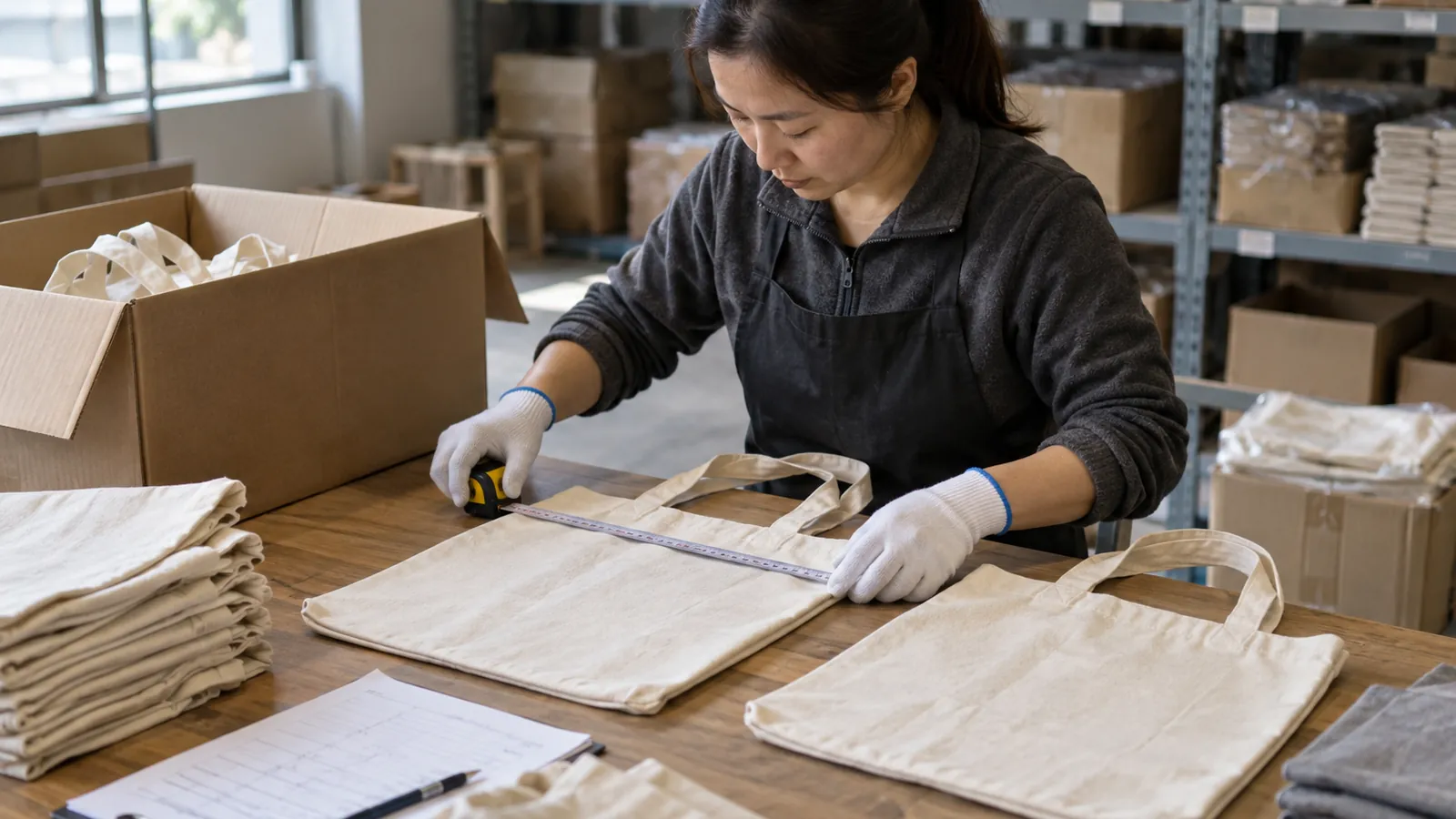 A warehouse worker measures a fabric bag at a daylight inspection table.