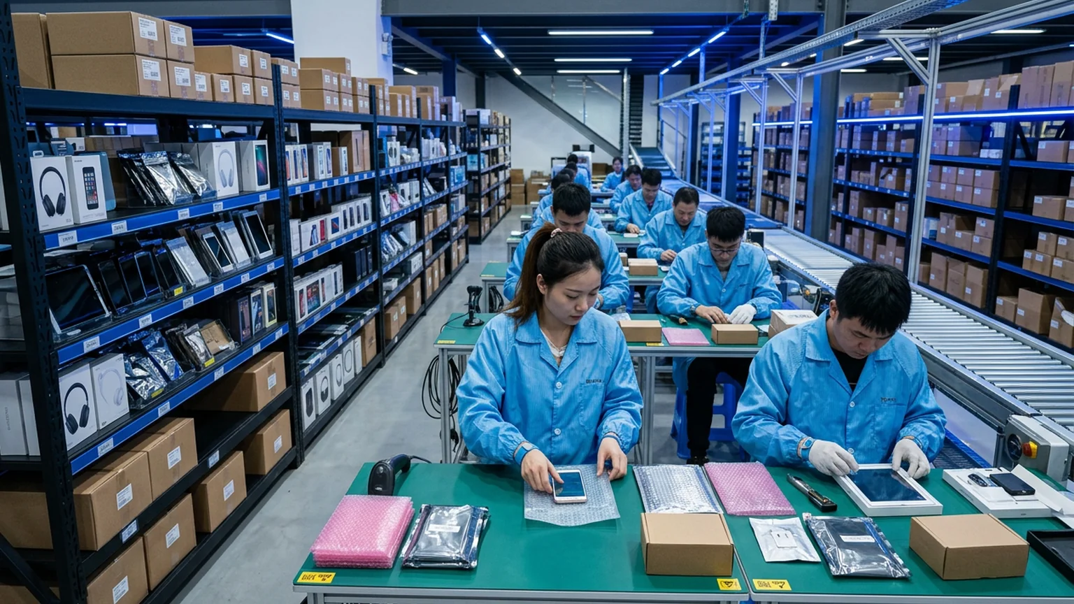 ESD-safe electronics fulfillment workstation with anti-static packaging