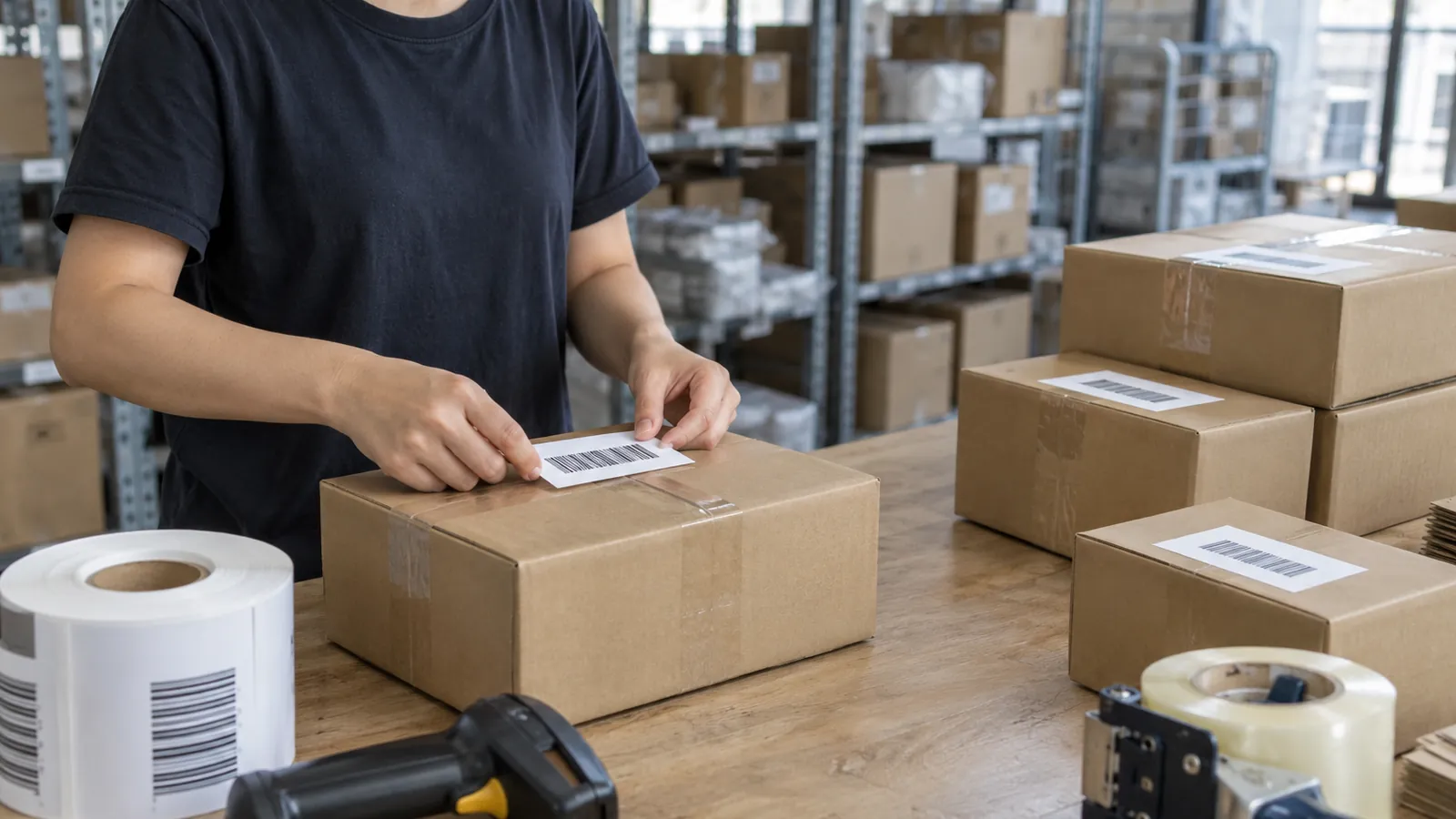A warehouse worker applies barcode labels to cartons at a preparation bench.