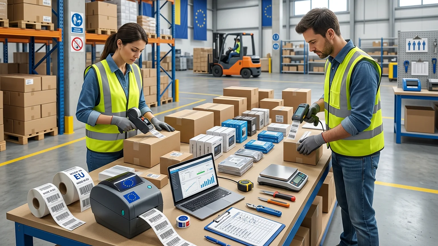 FBA preparation station with European marketplace labels and compliance documentation