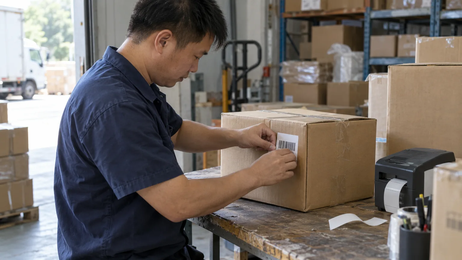 An operator applies a barcode label to a carton at a daylight packing bench.