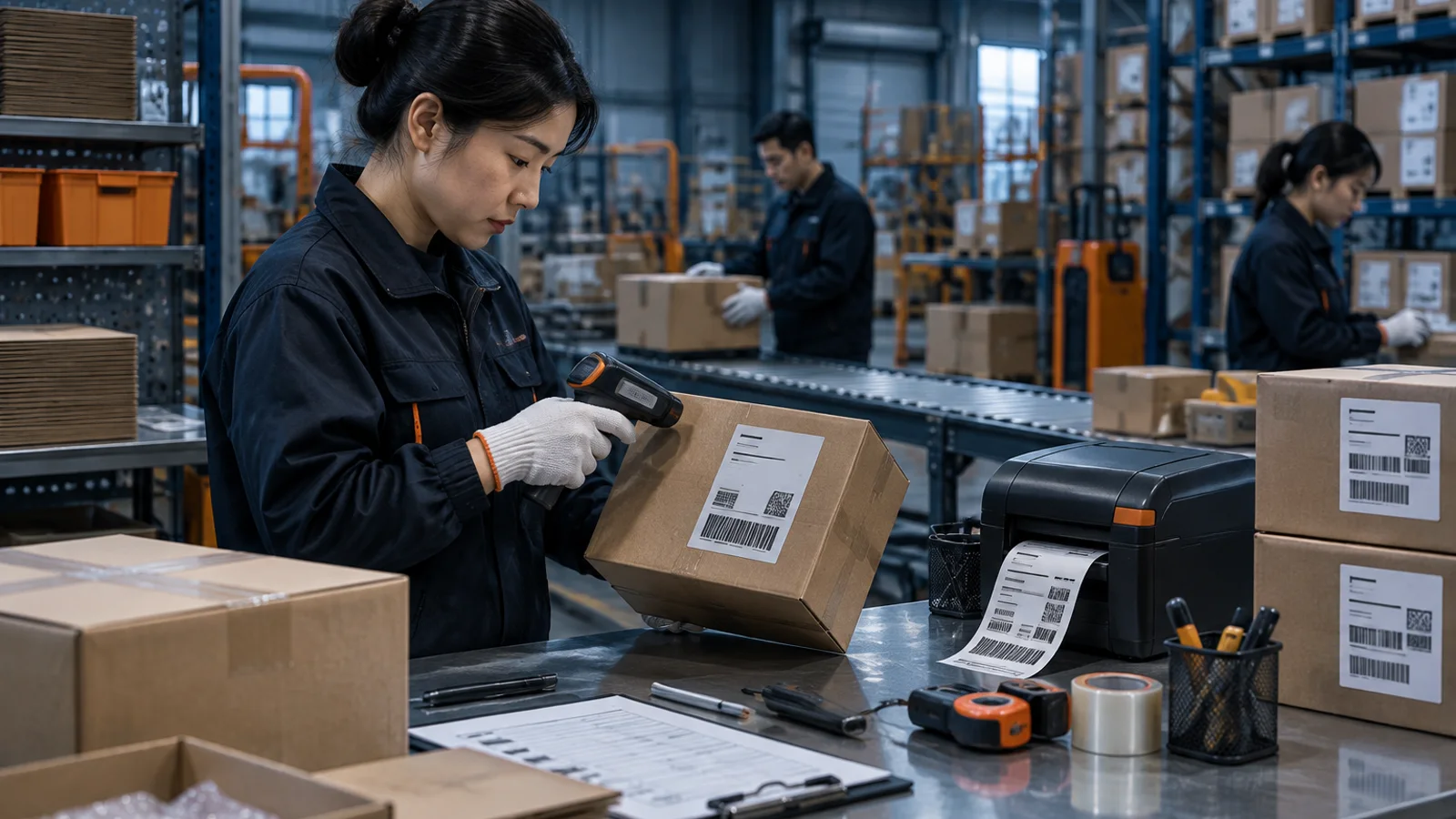 Warehouse specialist checking product labels, protective packaging, and cartons for an FBA shipment