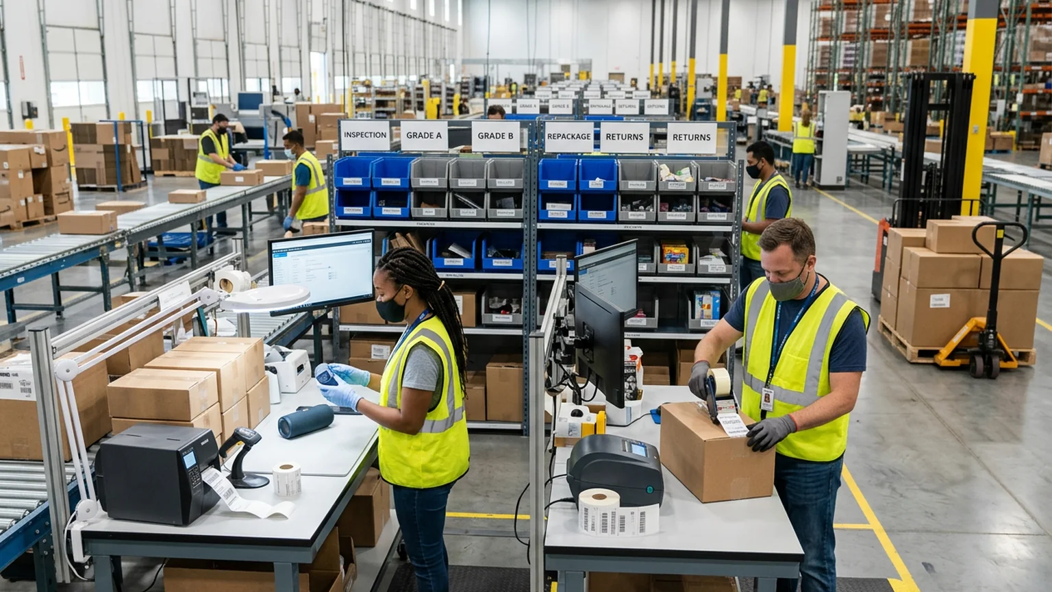 Warehouse workers inspecting and relabeling returned FBA products for restock