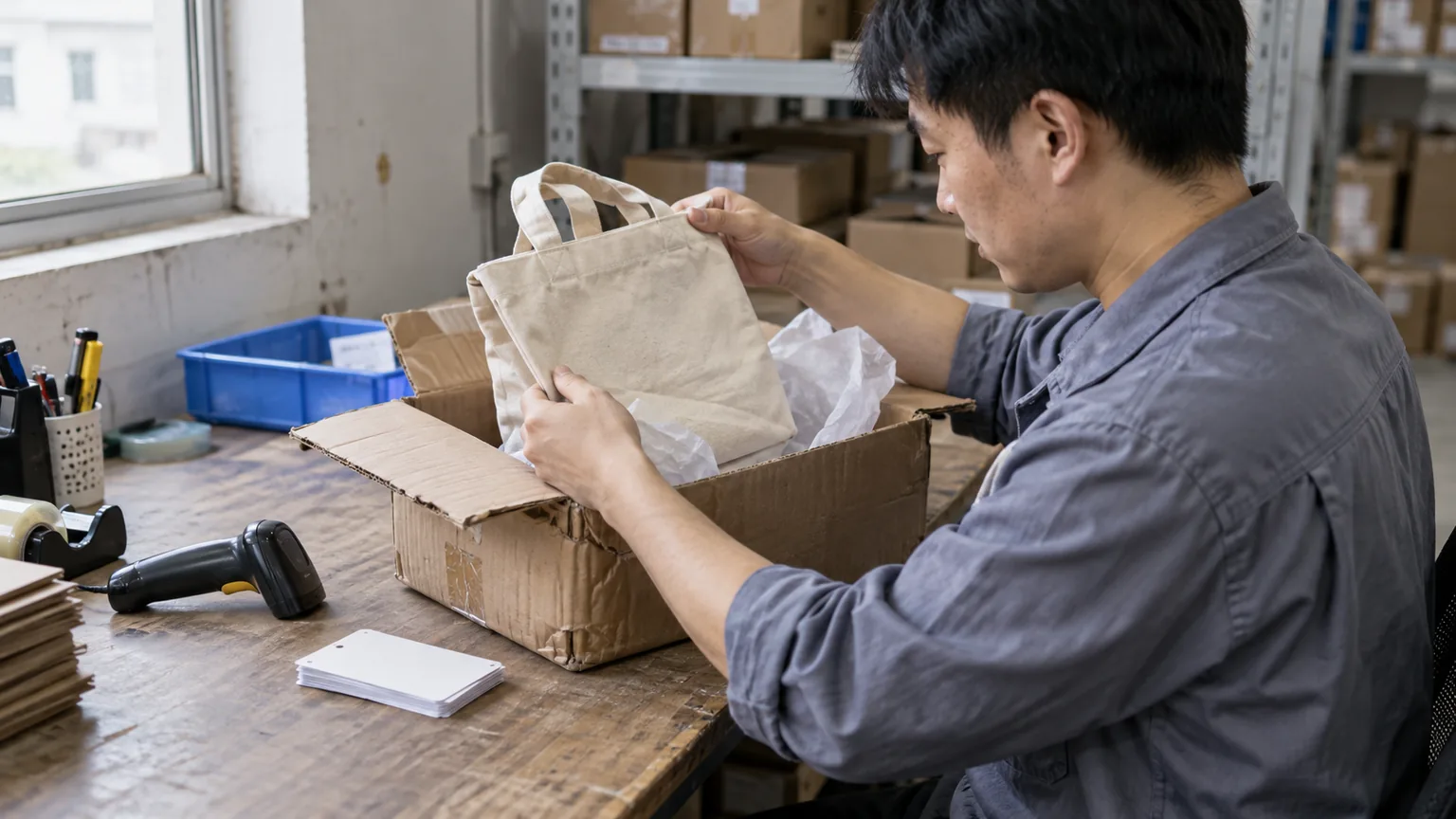 A warehouse worker checks a returned cotton tote bag before relabeling and repacking.