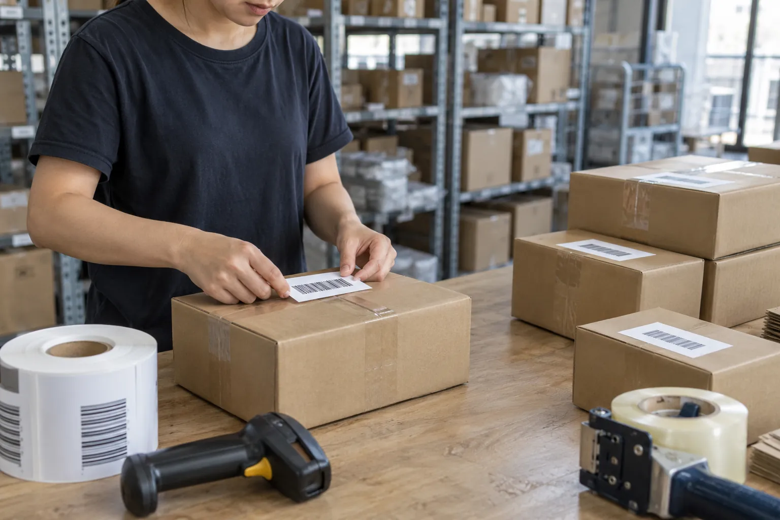 A warehouse worker applies barcode labels to cartons at a preparation bench.