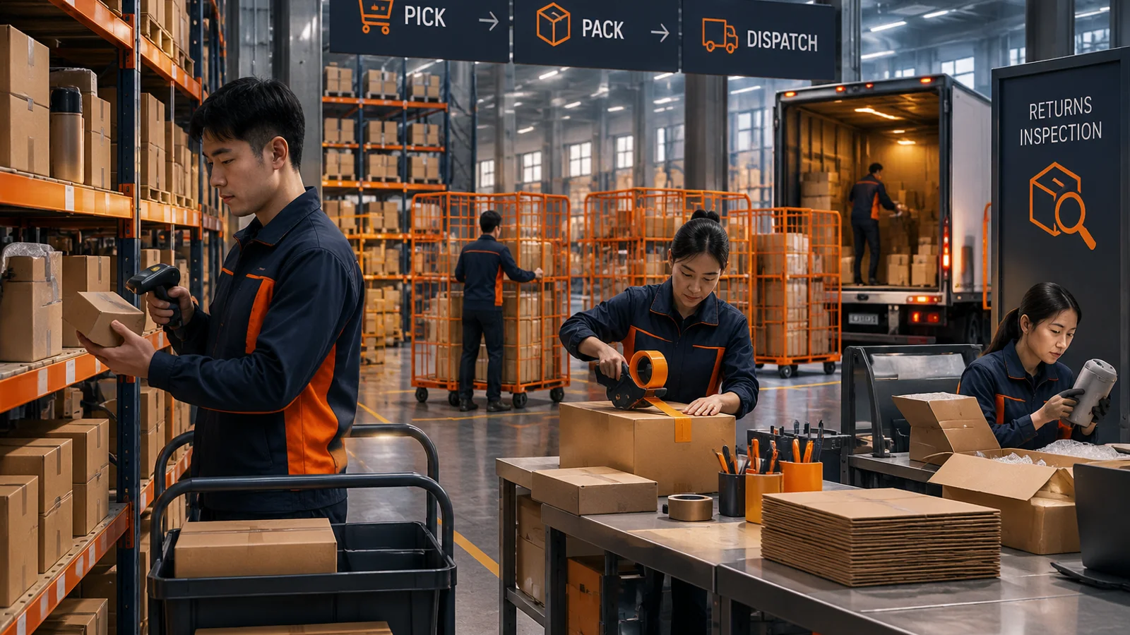 China fulfillment team picking, packing, and checking an international ecommerce order