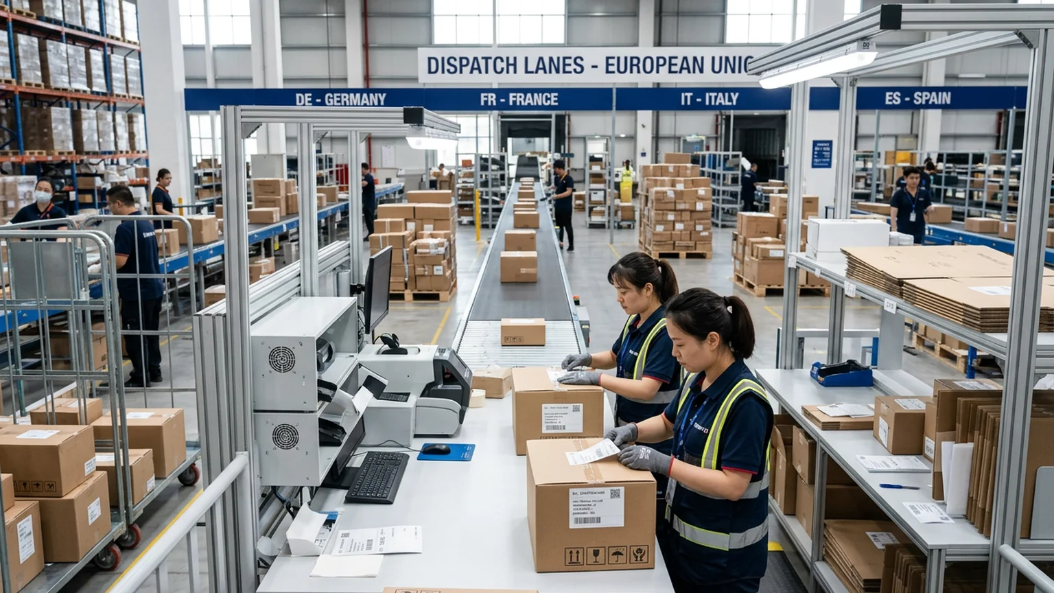 China warehouse dispatch area with EU-destined parcels and customs documentation