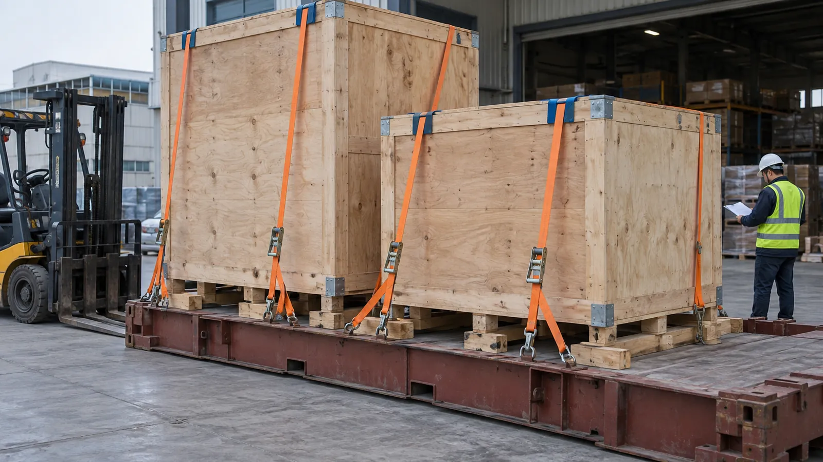 Strapped wooden crates on a flat rack are checked beside a warehouse loading bay.