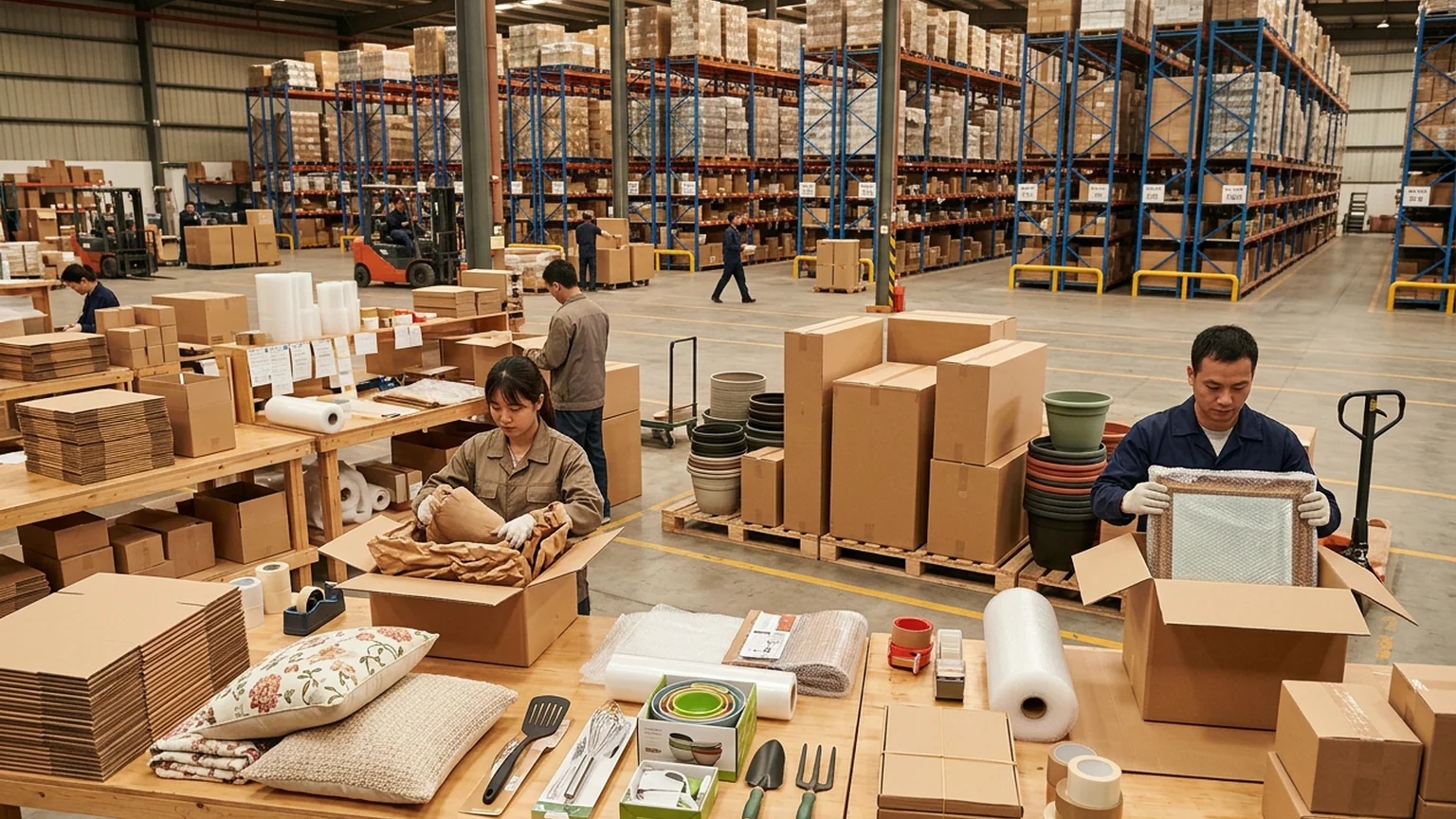 Warehouse workers packing various home and garden products with protective materials