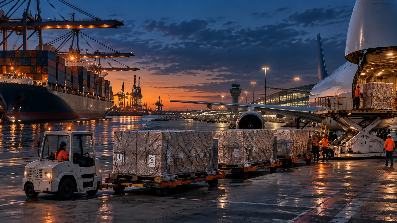 Cargo moving through coordinated ocean, transfer, and air freight stages