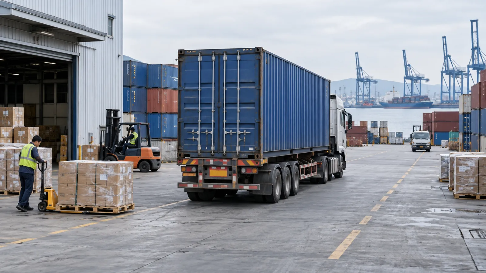 A container truck and palletized cartons wait at a daylight warehouse loading bay near a port.