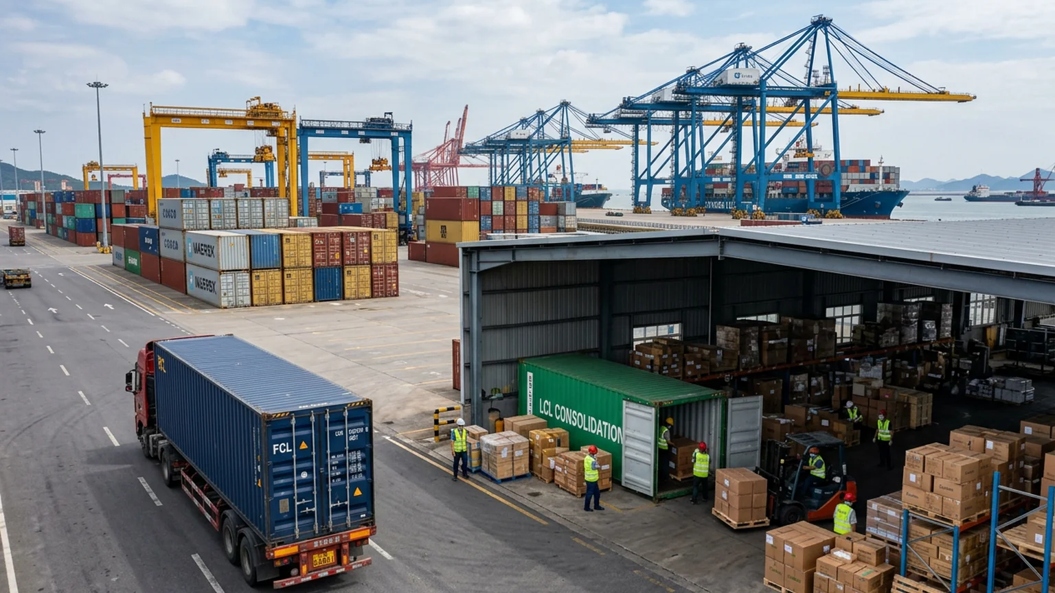 Container port showing FCL sealed container and LCL consolidation operations