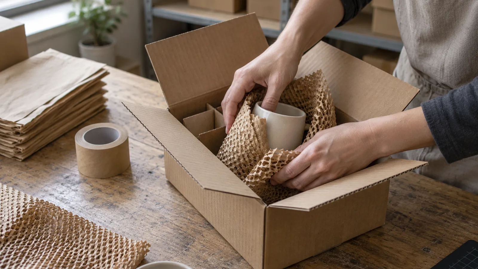 Hands wrap a ceramic cup in protective paper inside a small shipping carton.