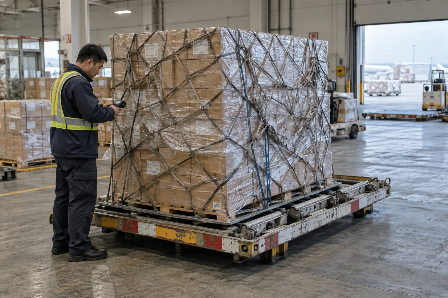 An operator checks a netted pallet of cartons in an air cargo handling bay.