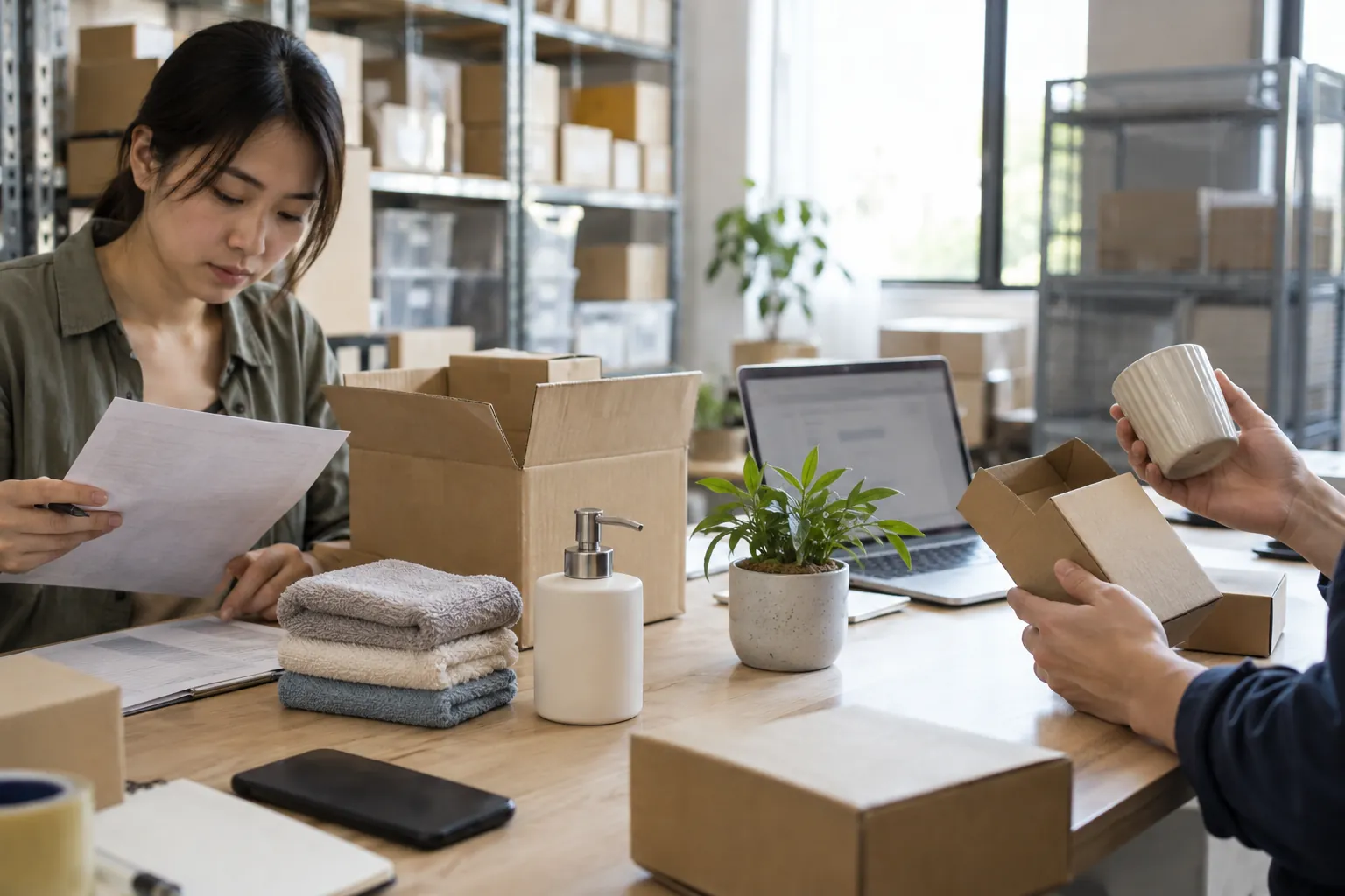 An ecommerce team reviews order paperwork and household products beside warehouse shelves.