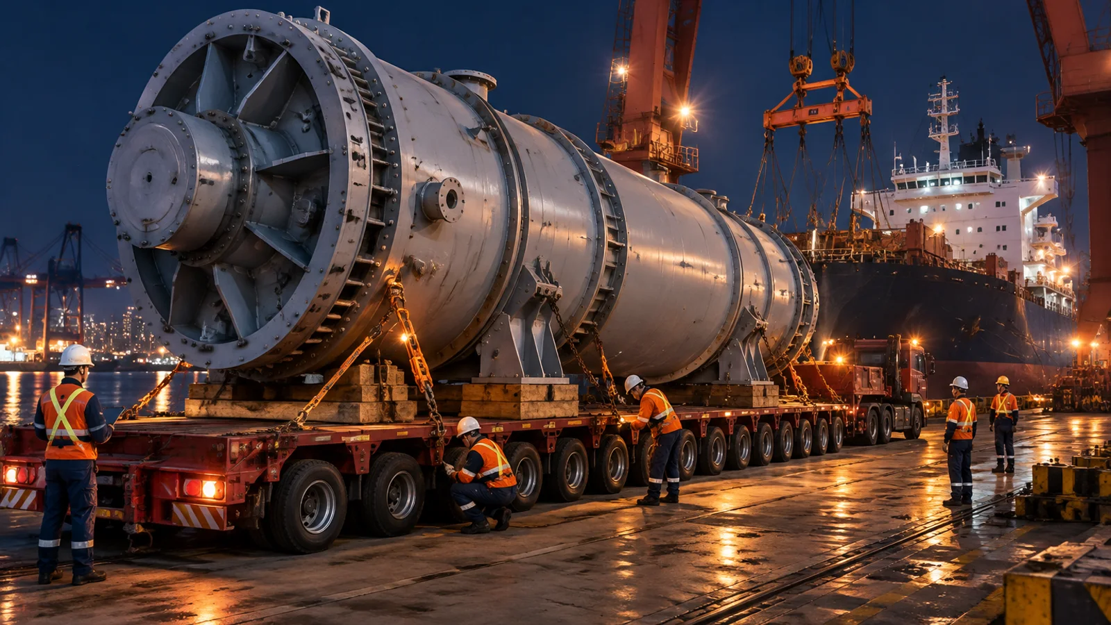 Large industrial cargo staged for engineered export handling from China