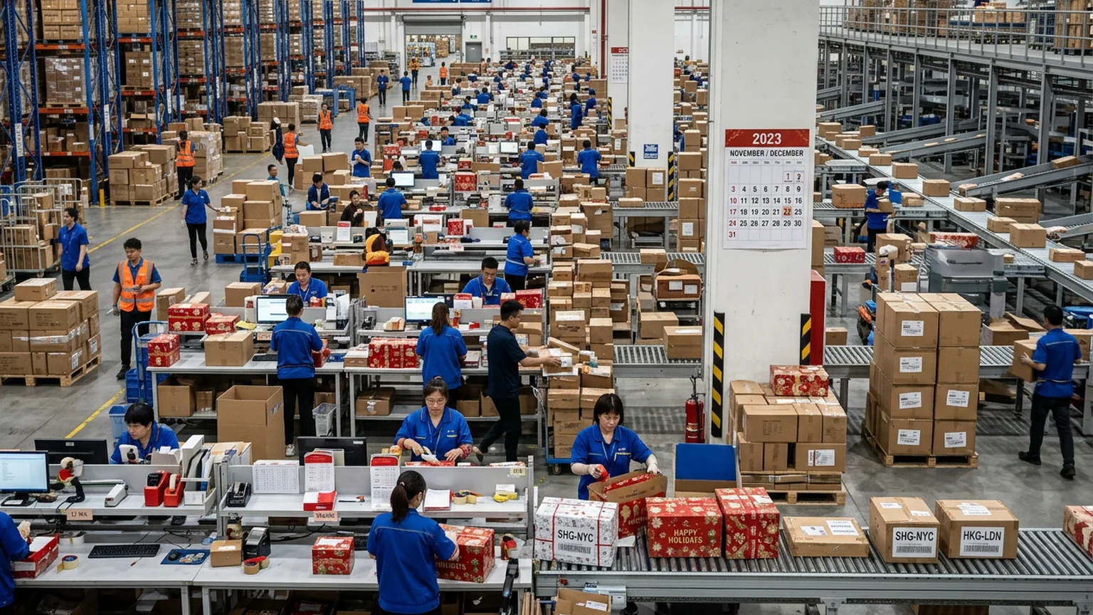 Busy Q4 fulfillment center with extended packing stations and holiday parcels