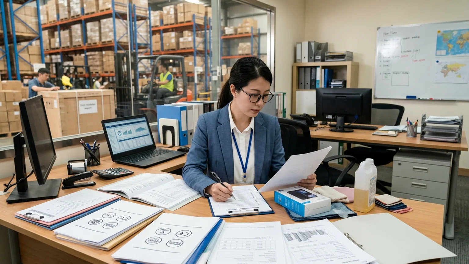 Compliance review workstation with certification documents and product samples
