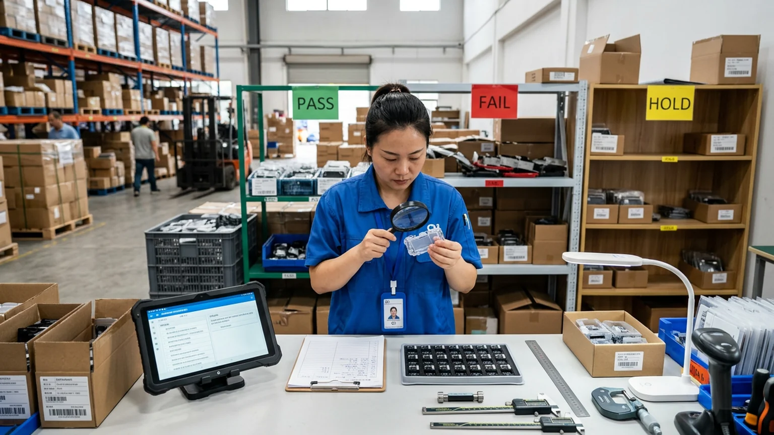 Quality inspector examining products against checklist with measuring tools and tablet