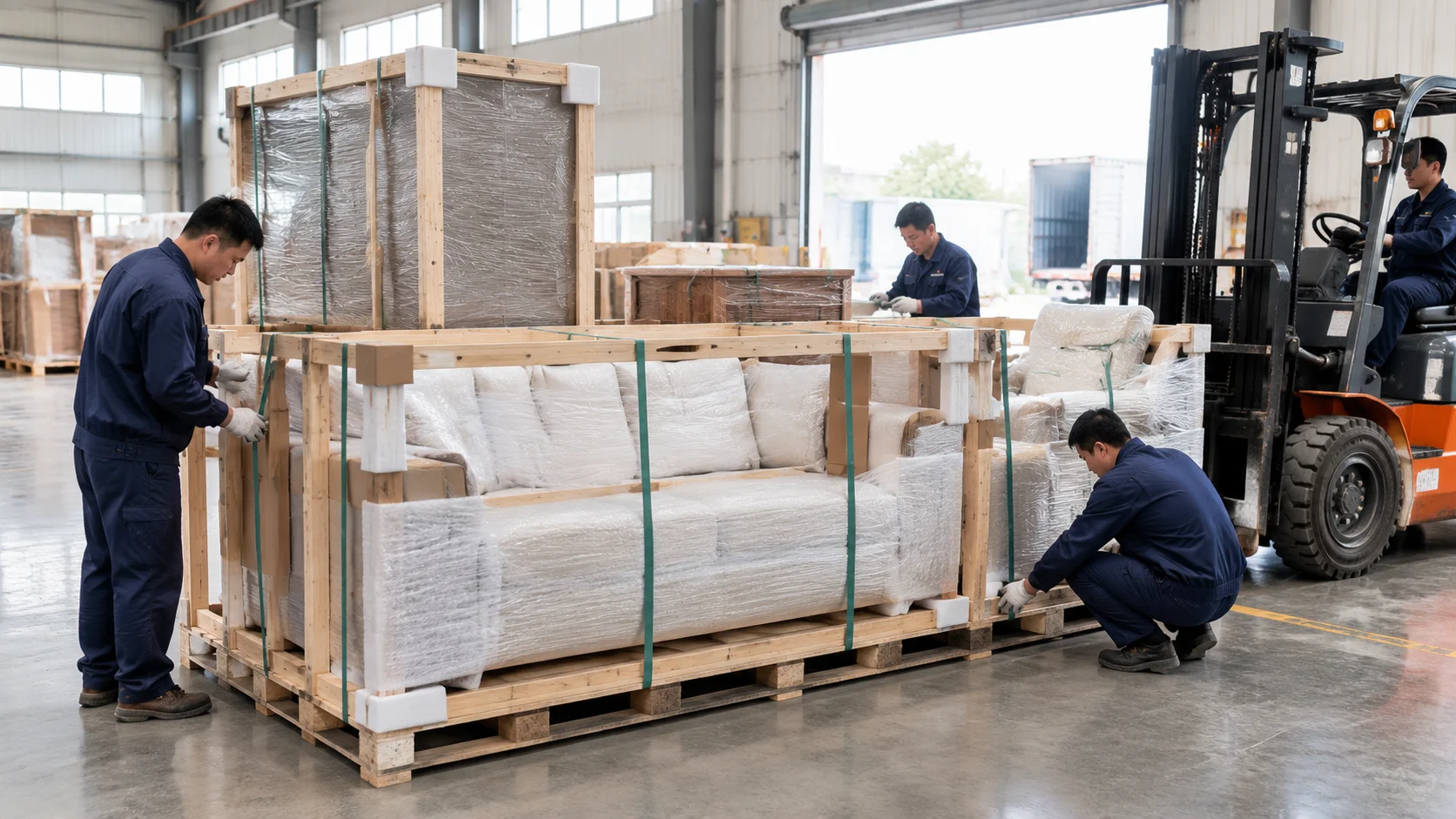 Oversized furniture being prepared for international shipping from a China warehouse