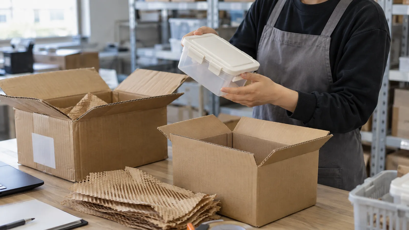 A warehouse worker checks a returned storage container before repacking it.