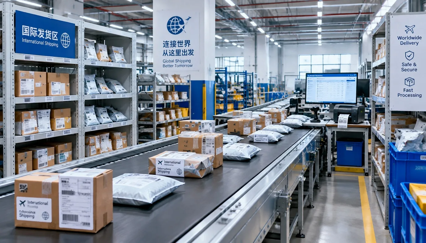 Small parcels staged for direct international shipping from a China fulfillment warehouse
