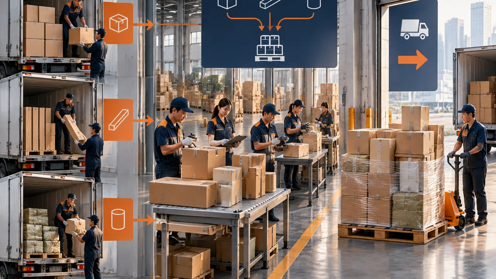 Multiple supplier shipments being checked and organized for consolidated export from China