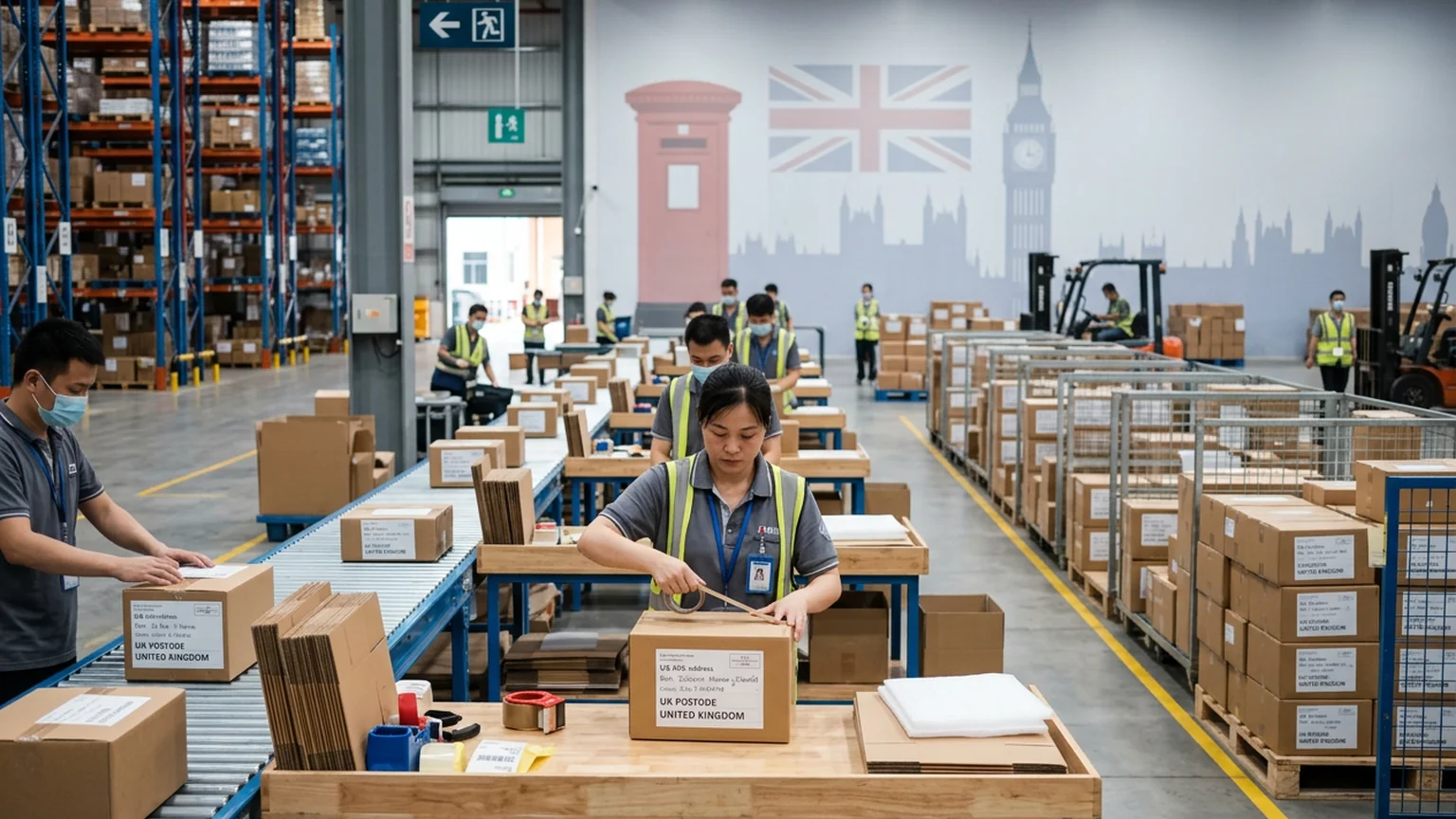 UK-bound parcels being prepared at a China fulfillment center with customs docs