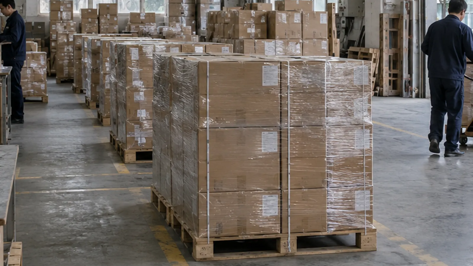 Wrapped pallets of cartons are staged together inside a daylight warehouse.