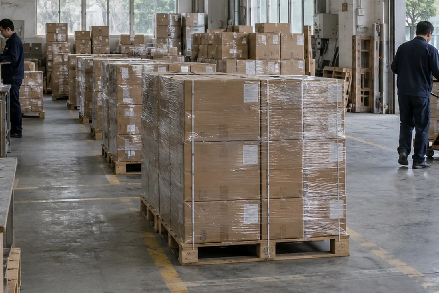 Wrapped pallets of cartons are staged together inside a daylight warehouse.